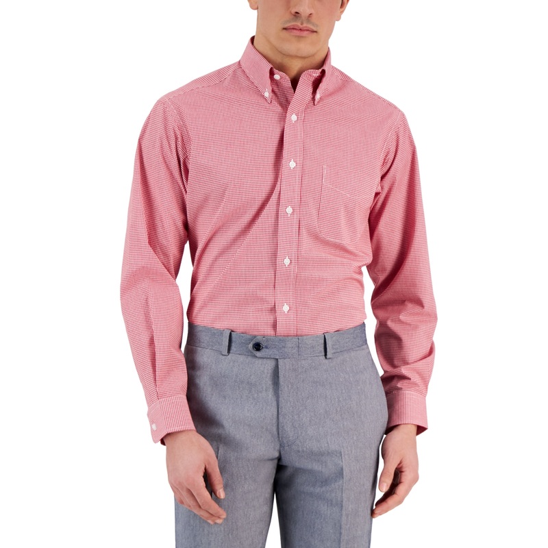 Club Room Men's Regular Fit Cotton Mini Gingham Dress Shirt Red 18 36 37