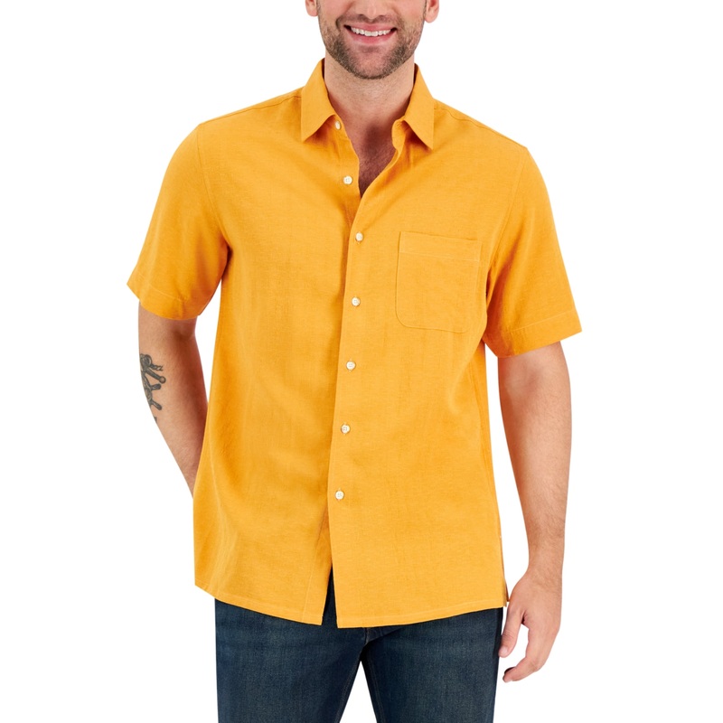 Club Room Men's Textured Short Sleeve Button Down Shirt Orange XXL