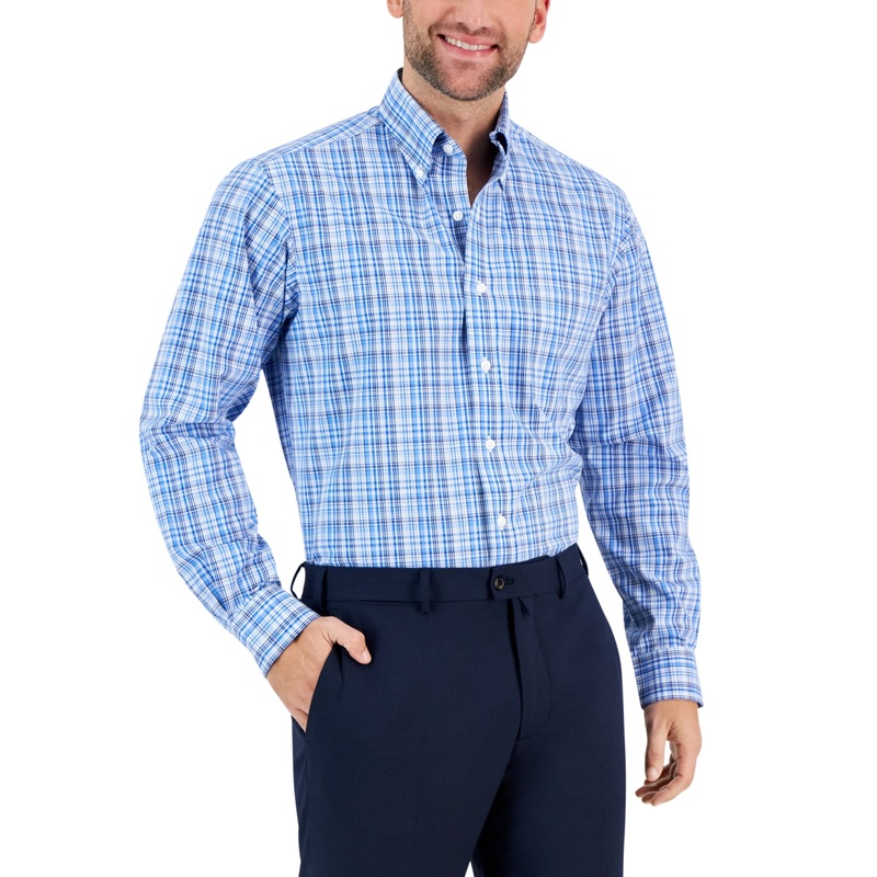 Club Room Mens Peter Plaid Button Down Dress Shirt Navy Blue 16.5 32 33