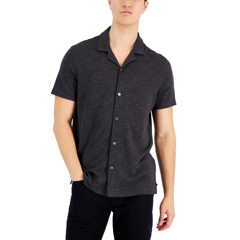 Alfani Men's Slub Pique Short Sleeve Camp Collar Button Down Shirt Black Large