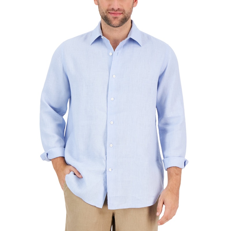 Club Room Men's 100% Linen Long Sleeve Button Down Shirt Blue XL