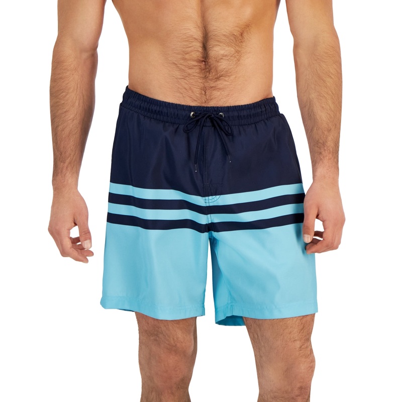 Club Room Men's Quick Dry Performance Colorblocked Stripe 7" Swim Trunks Blue Large