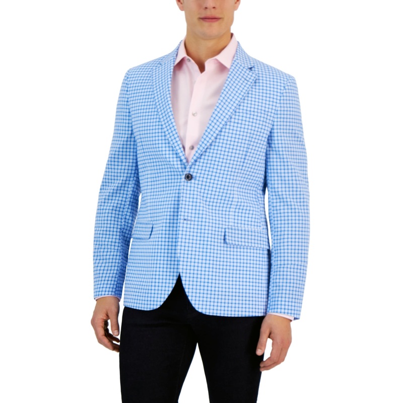 Nautica Men's Modern Fit Seersucker Sport Coat Light Blue Plaid 40R