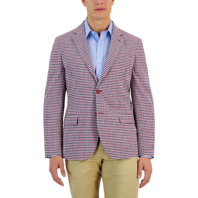 Nautica Men's Modern Fit Seersucker Sport Coat Red Check 38R