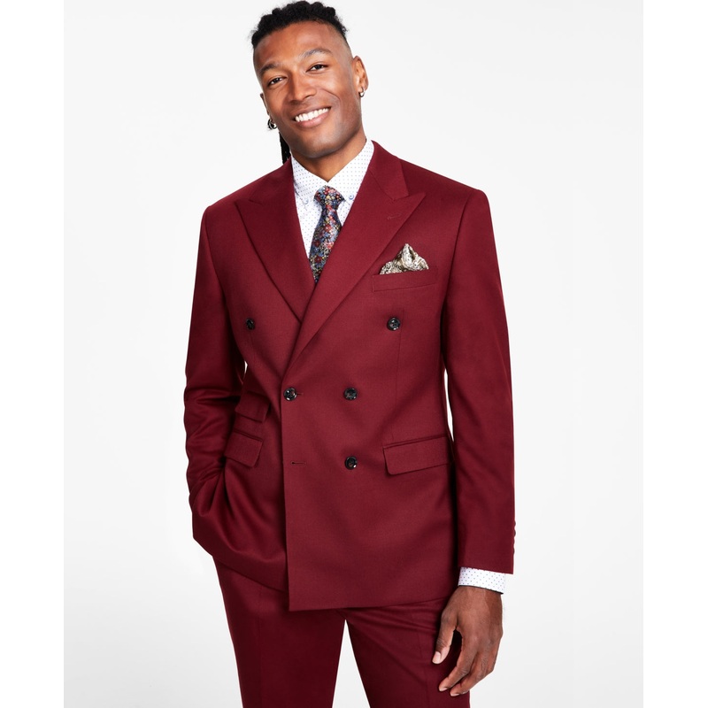Tayion Collection Men's Classic Fit Double Breasted Suit Jacket Burgundy 44S