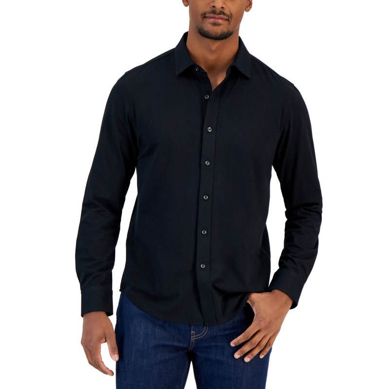 Alfani Men's Classic Fit Heathered Jersey Knit Button Down Shirt Deep Black XL