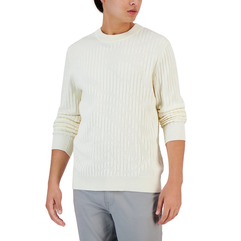 Alfani Men's Ribbed Marble Crewneck Sweater Vanilla Ice White XL