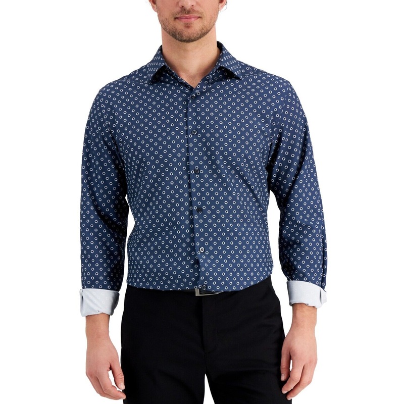 Alfani Men's Slim Fit 4-Way Stretch Geo-Print Dress Shirt 16 16.5 34 / 35 Navy