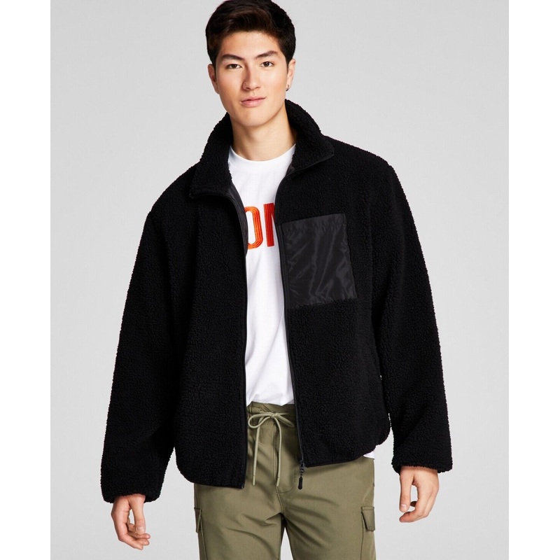 And Now This Men's Fleece Zipper Jacket with Chest Pocket Black Large