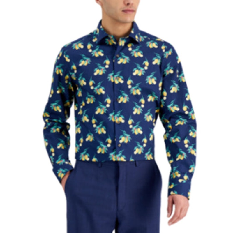 Bar III Mens Lemon Print Button Down Dress Shirt Navy Blue Yellow Small