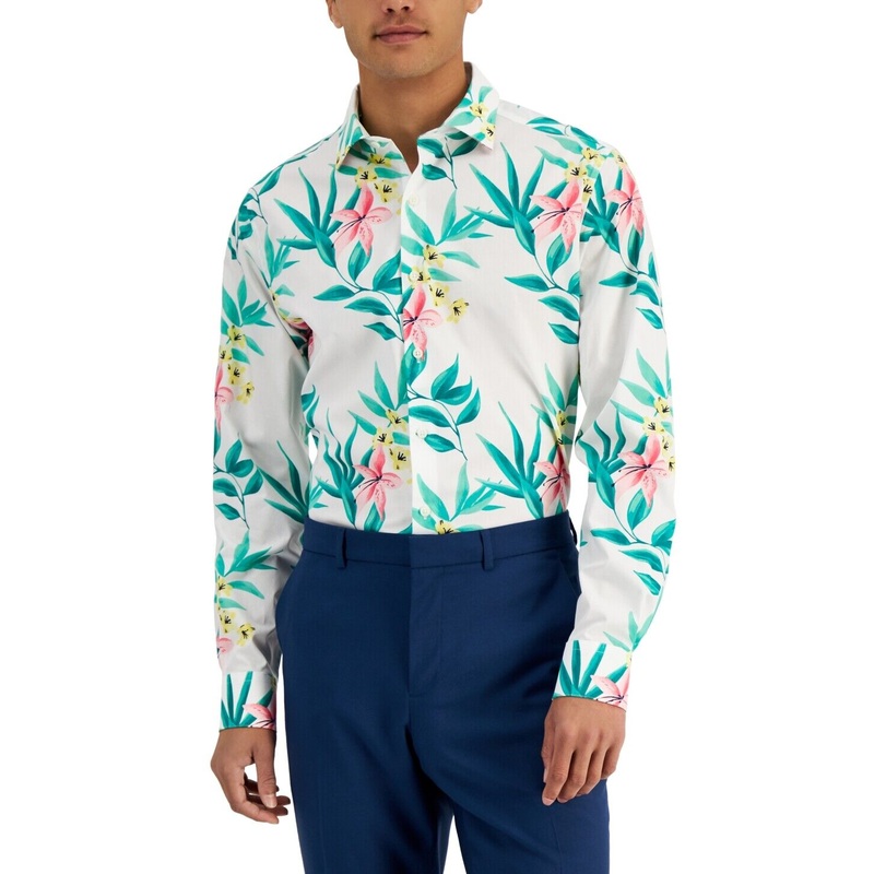 Bar III Mens Tropical-Print Button Down Dress Shirt White Green Small