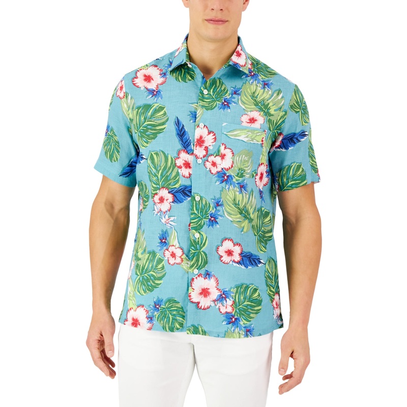 Club Room Men's Short-Sleeve Tropical Linen Button Down Shirt Green Medium