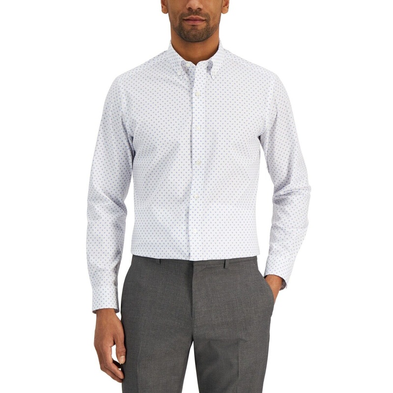 Club Room Men's Slim Fit 4-Way Stretch Ditsy Floral Dress Shirt XL Blue White