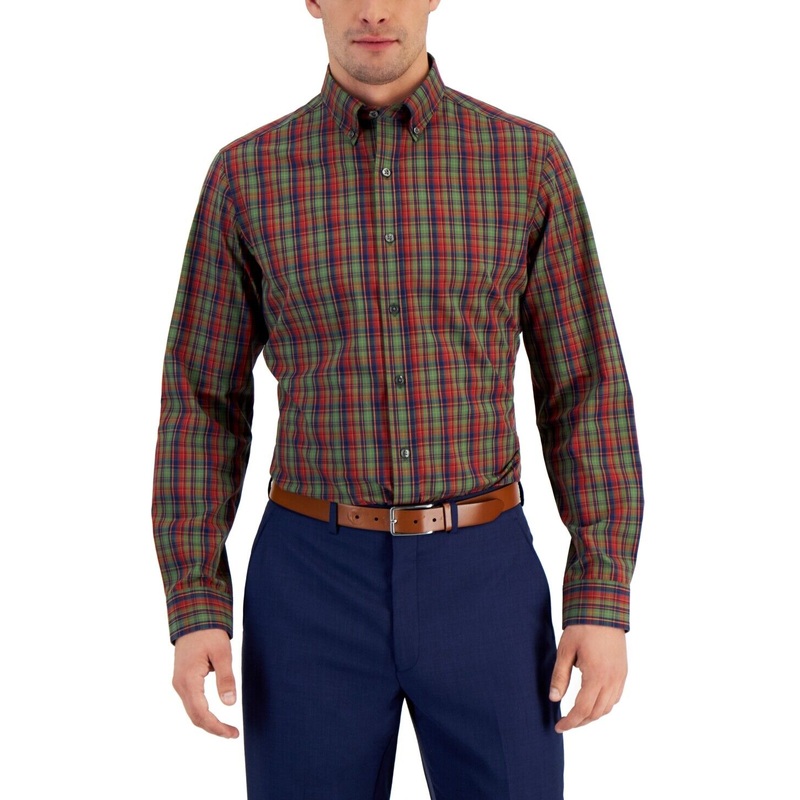 Club Room Men's Slim Fit Stretch Plaid Button Down Dress Shirt Olive Red Small