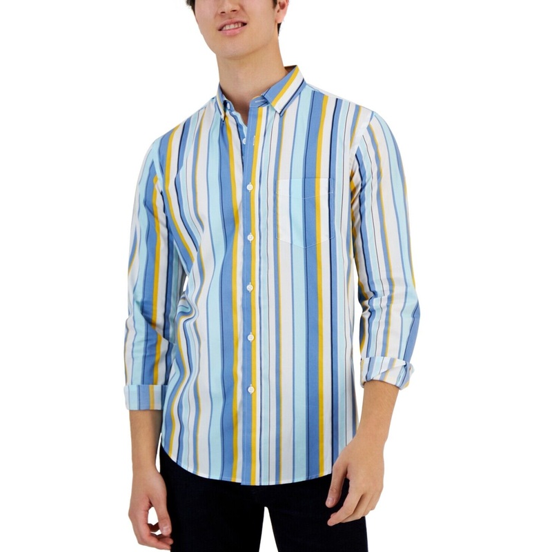 Club Room Mens Benie Vertical Striped Button Down Dress Shirt Medium Blue