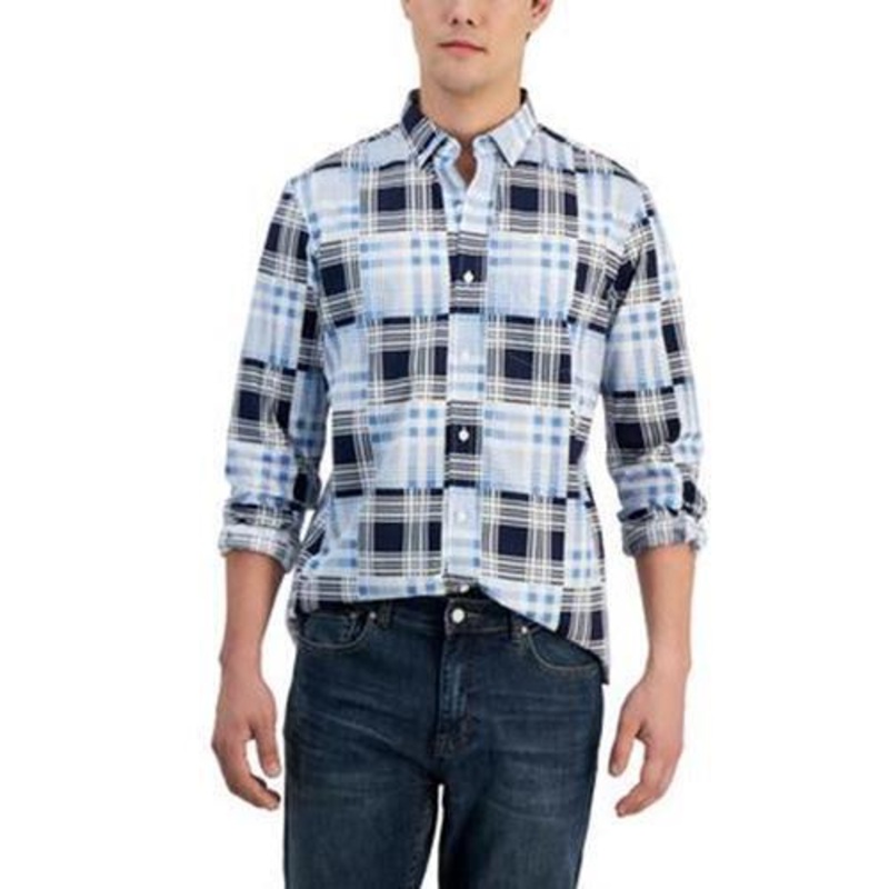 Club Room Mens Darren Classic-Fit Plaid Button Down Shirt Navy Blue Combo Small
