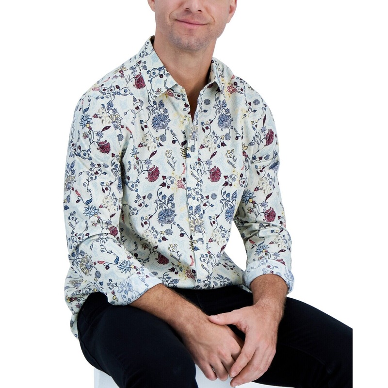 Club Room Mens Long-Sleeve Button Down Editto Floral Pale Glass Comb 2XL