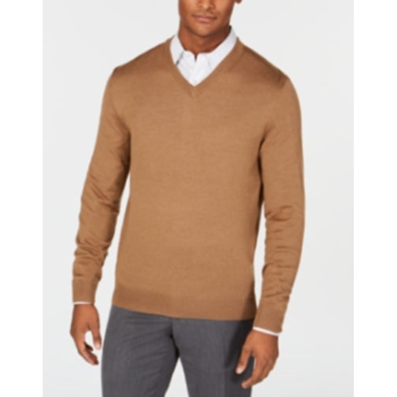 Club Room Mens Regular-Fit Solid V-Neck Sweater Ebony Heather Brown 2XL