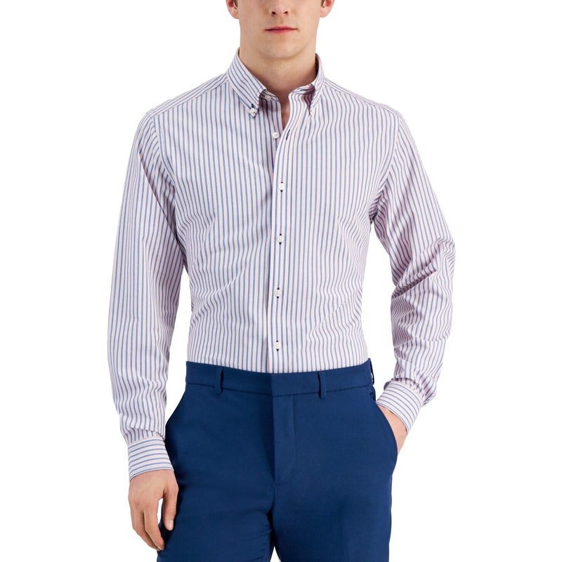 Club Room Mens Striped Button Down Dress Shirt Pink Blue Small