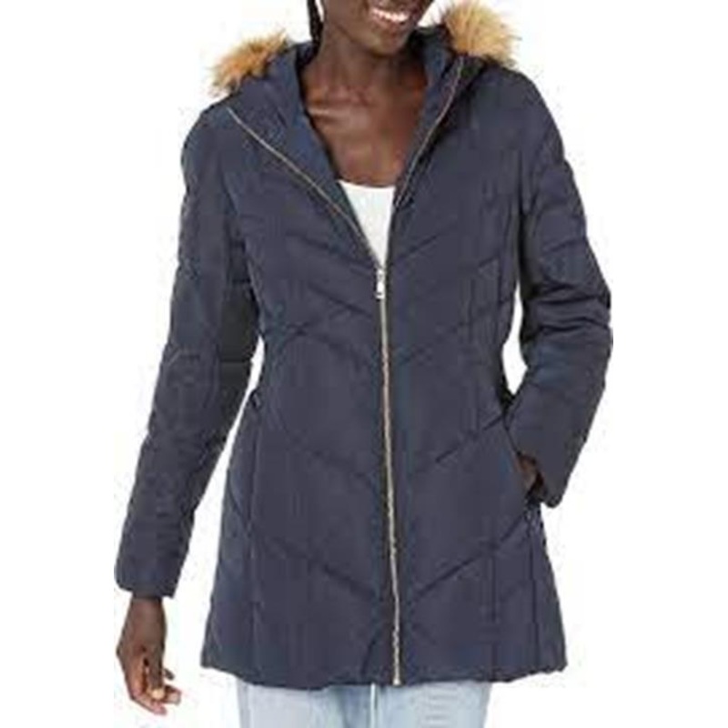Cole Haan Womens Fur Hooded Chevron Down Puffer Coat XXS Navy Blue