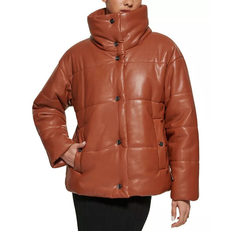 DKNY Womens Faux-Leather Snap Puffer Coat Large Cognac Brown