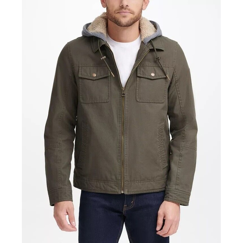 GUESS Men's Canvas Fleece Hoodie Trucker Jacket 2XL XXL Olive Green