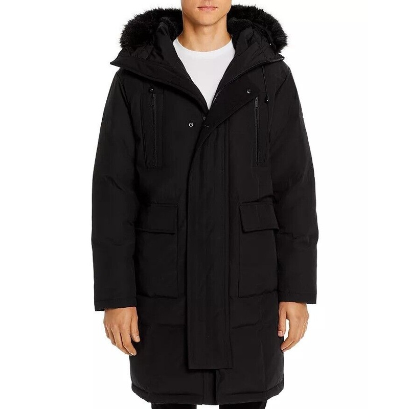 KARL LAGERFELD PARIS Mens Faux Fur-Trimmed DOWN Long Parka Coat Small Black
