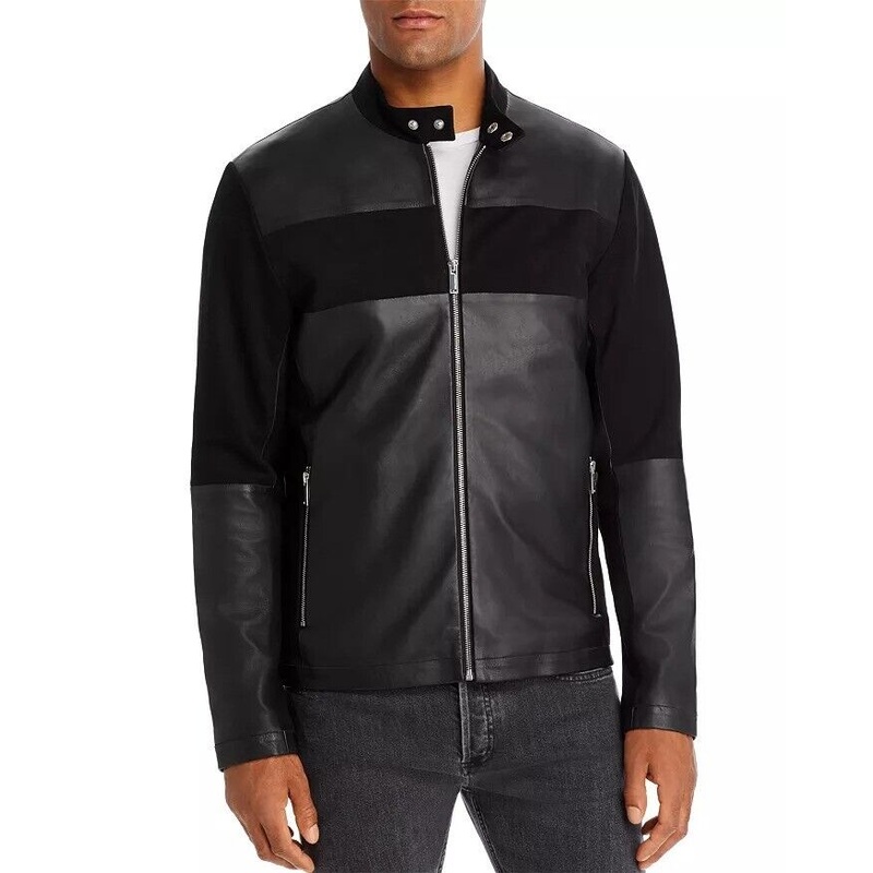 KARL LAGERFELD PARIS Mens Leather & Suede Blocked Racer Jacket Small Black