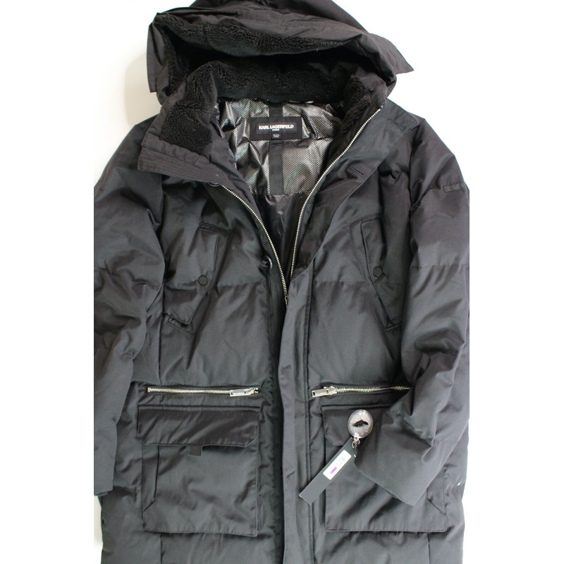 KARL LAGERFELD PARIS Quilted Fleece Lined Hooded Parka Coat XXL Black NO FUR