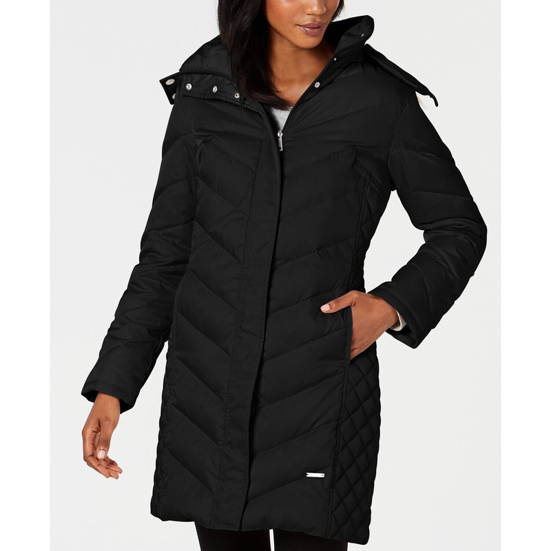 Kenneth Cole Womens Petite XS Faux-Fur-Trim Down Hooded Puffer Coat PXS Black