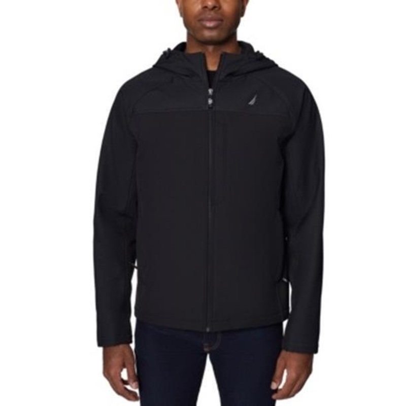 NAUTICA Men's Zip-Front Color Block Soft Shell Hoodie Jacket Small Black