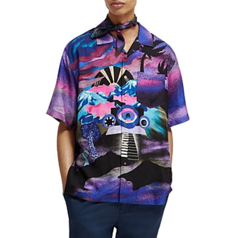 Scotch & Soda Men's Placed Printed Button Down Shirt Purple Large