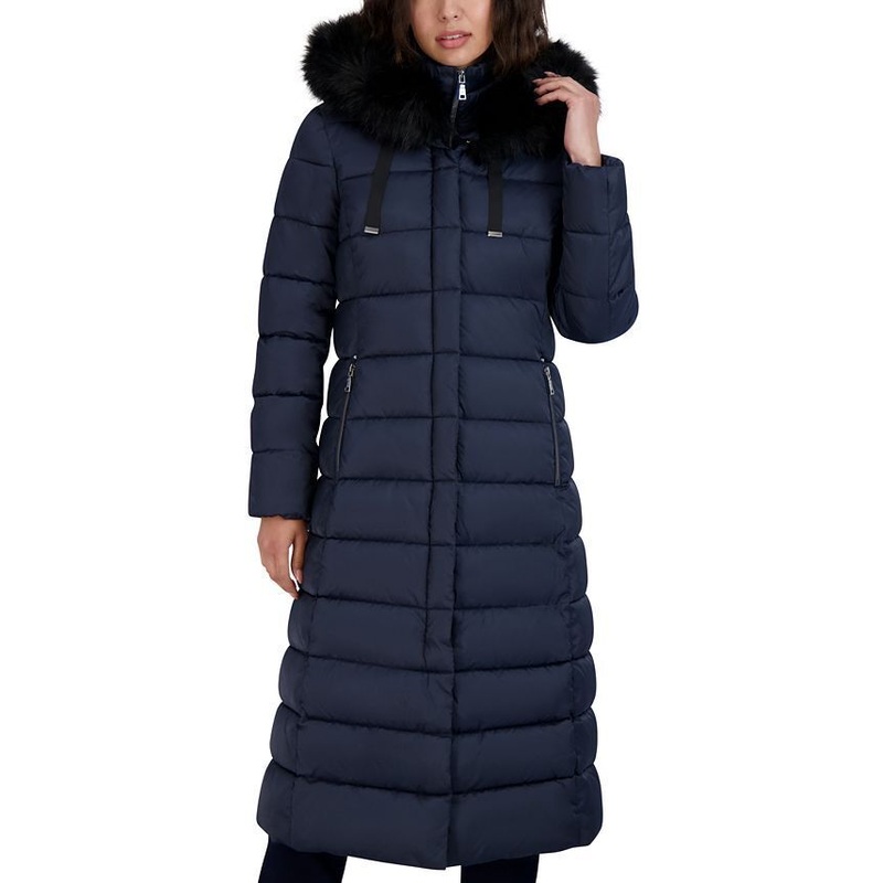 TAHARI Women's Faux-Fur-Trim Hooded Maxi Puffer Coat Large Navy Blue