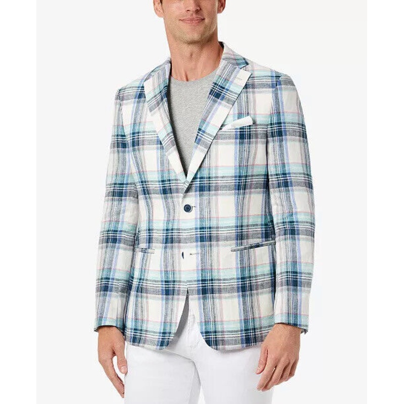 TALLIA Men's Slim-Fit Multicolor Plaid Blazer Blue 48R Sport Coat Linen 2 Button