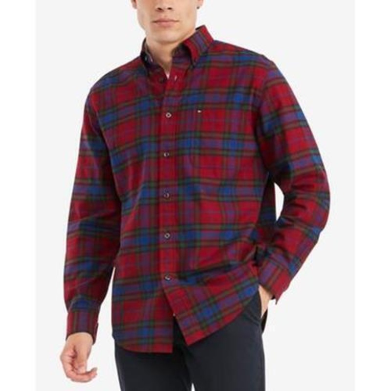 Tommy Hilfiger Men's Bennett Tartan Plaid Button-Down Shirt Dark Red Medium