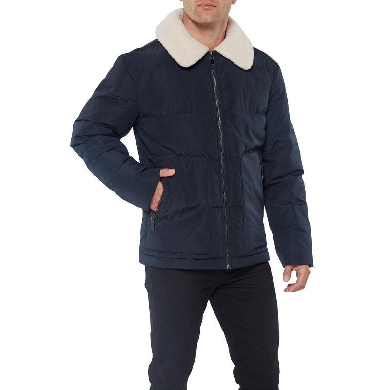 Vince Camuto Mens Quilted Down Coat Large Navy Blue / White Fleece Collar