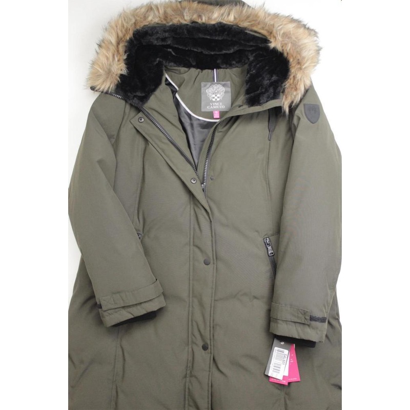 Vince Camuto Womens Hooded Faux-Fur-Trim Down Parka Coat Small Green DOWN