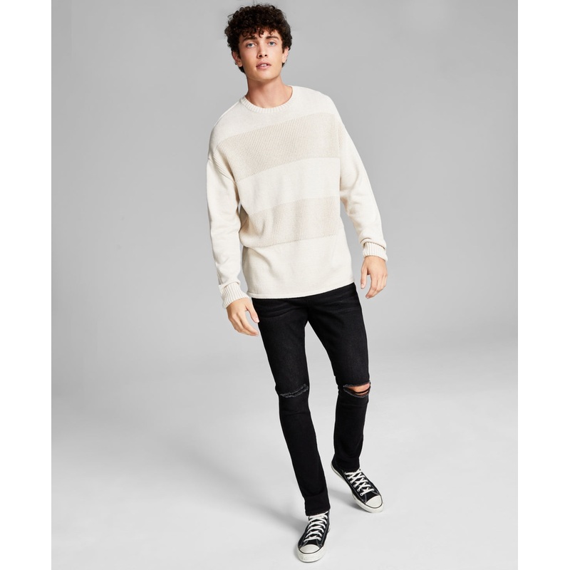 And Now This Men's Textured Stripe Crewneck Sweater Cream Heather Large