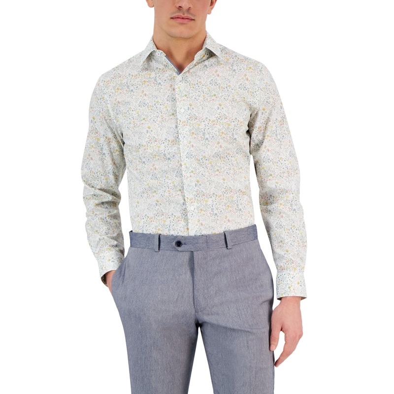 Bar Iii Men's Letty Slim Fit Floral Print Button Down  Dress Shirt White Small
