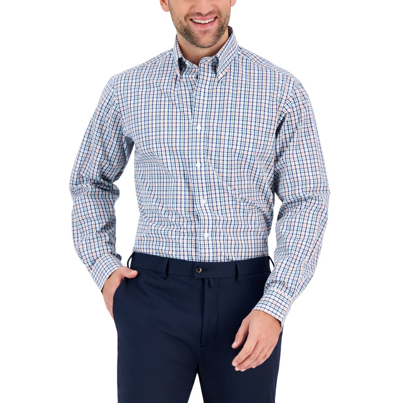 Club Room Men's Ditto Plaid Button Down Dress Shirt Blue Orange 16.5 / 32 - 33
