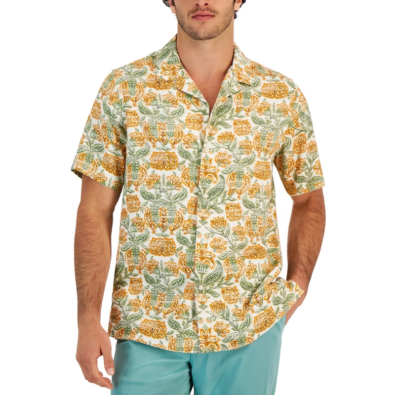 Club Room Men's Elevated Stamp Floral Button Down Shirt Yellow Combo XXL