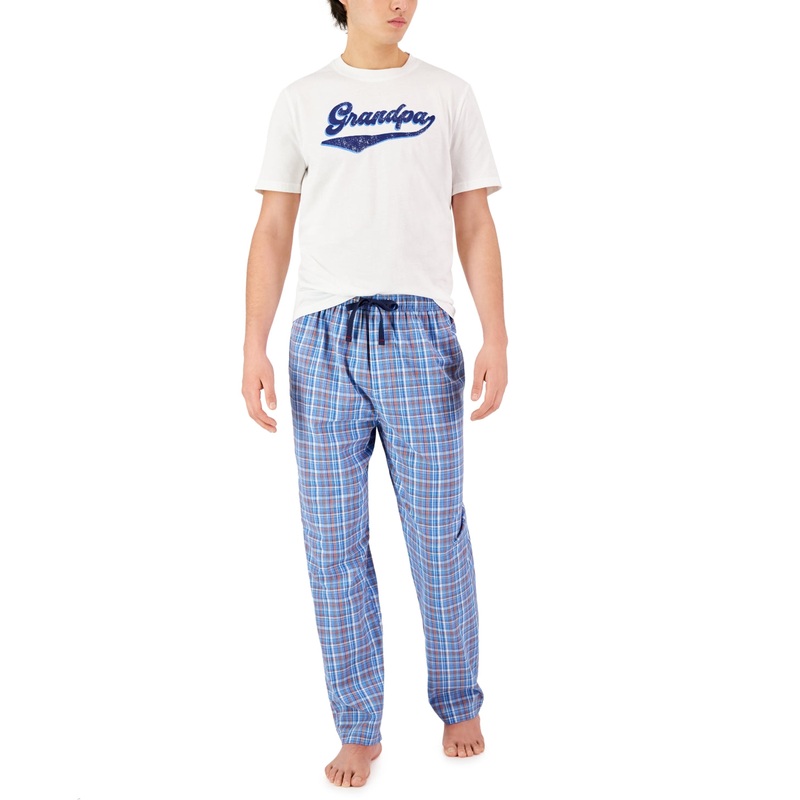 Club Room Men's Grandpa Top and Plaid Pants 2 Pc Pajama Set Blue Combo XL