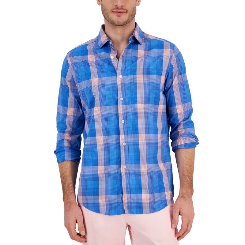 Club Room Men's Kevin Classic Fit Plaid Button Down Tech Shirt Hyper Blue Small