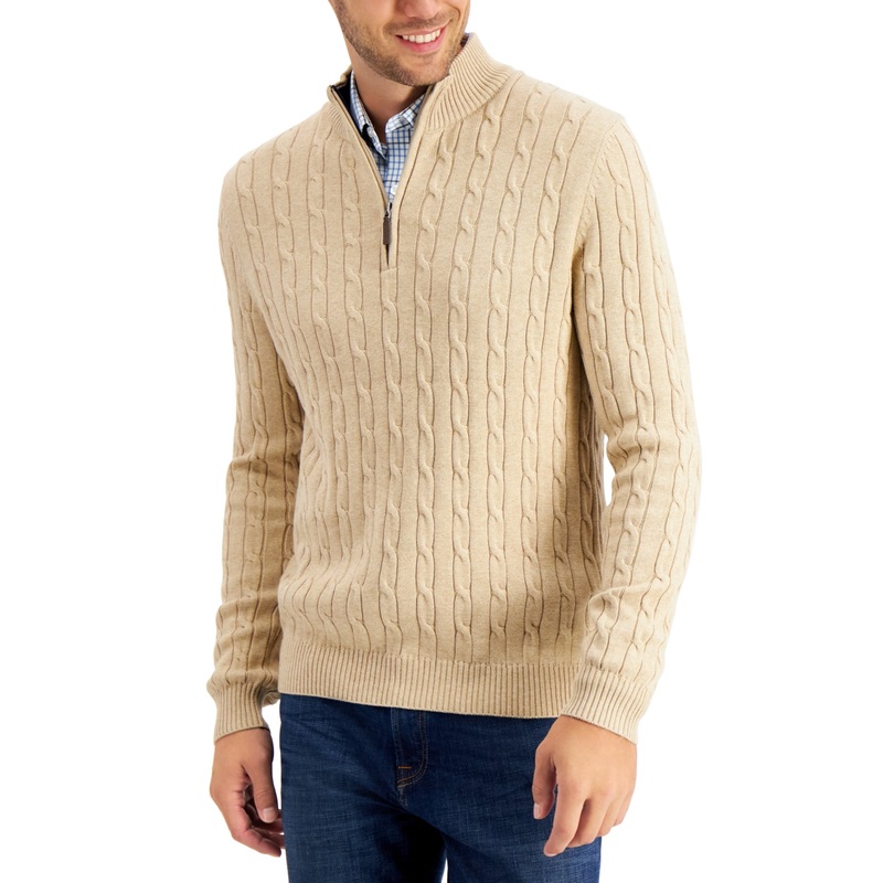 Club Room Men's Quarter-Zip Sweater XL Light Brown Toast Heather