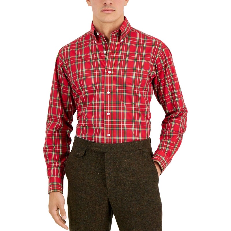 Club Room Men's Regular Fit Cotton Plaid Dress Shirt 17.5/34-35 Red Navy Green