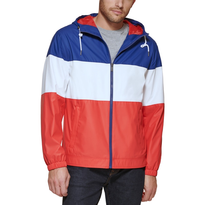 Club Room Men's Rubberized Lightweight Hooded Rain Jacket XL Navy White Red