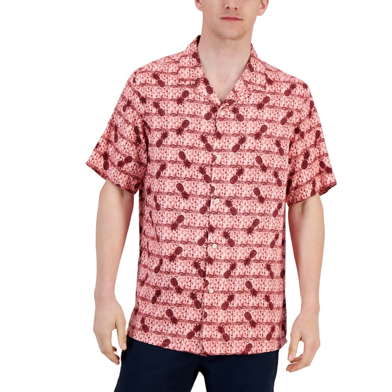 Club Room Men's Short-Sleeve Elevated Pineapple Button Down Shirt Red Combo 2XL