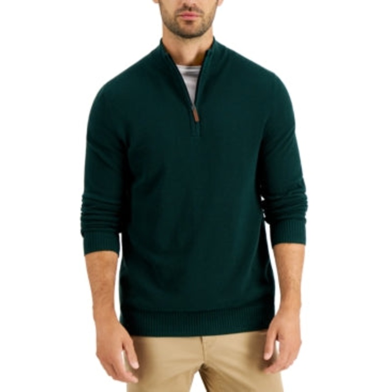 Club Room Mens Cotton Quarter Zip Pullover Sweater Small Green