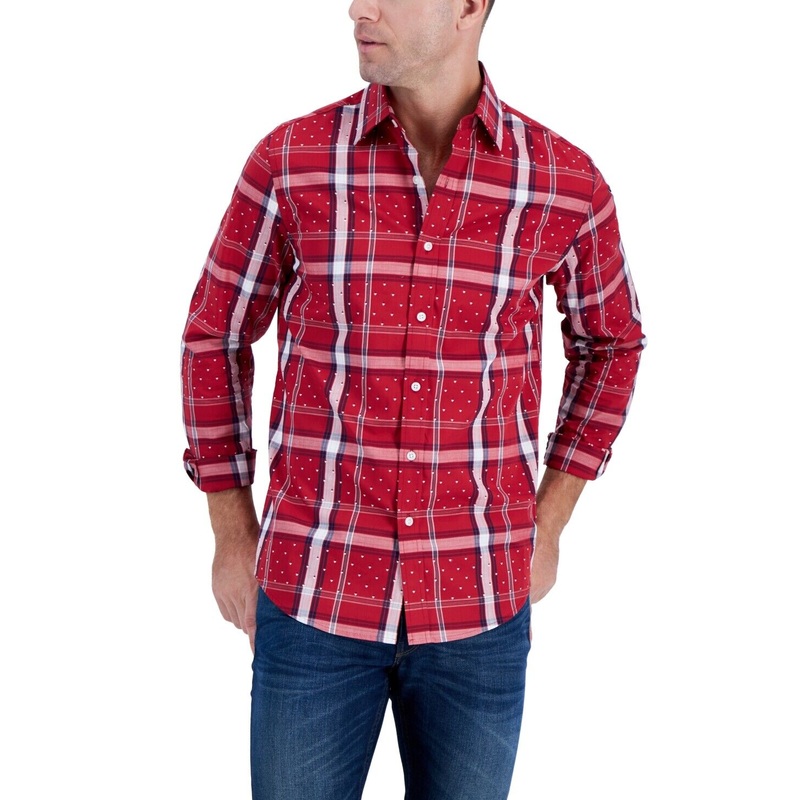 Club Room Mens Long Sleeve Armin Plaid Button Down Shirt Karanda Red Large