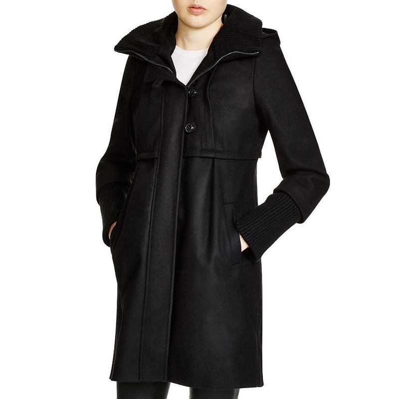 DKNY Womens Knit Trim Hooded Coat Size 12 Black Wool